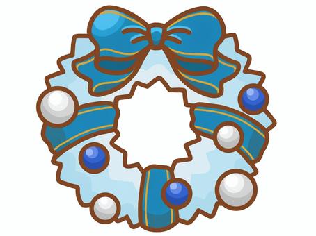 クリスマス・ホワイトリース（ブルー） クリスマス,リース,ホワイト,ブルー,水色,リボン,青,銀,手描き,一つのイラスト素材