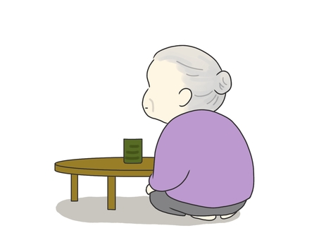 ひとりぼっちで座っているおばあさん おばあさん,おばあちゃん,お茶,湯呑み,ひとり暮らし,ひとり,ボーッとする,ちゃぶ台,ヒマ,退屈のイラスト素材