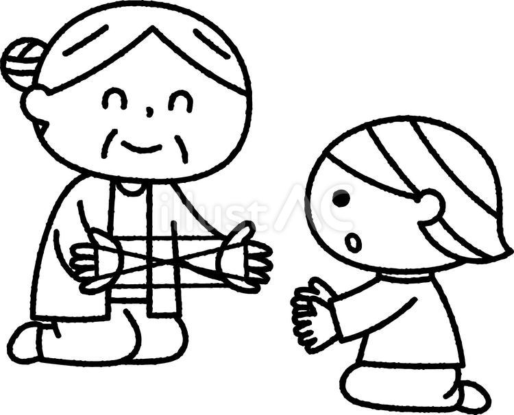 あやとりをするおばあちゃんと女の子白黒 人物,子供,おばあちゃんのイラスト素材