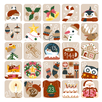 クリスマス25日アドベントカレンダー クリスマス25日アドベントカレンダー クリスマス,アドベントカレンダー,12月,冬,カウントダウン,アイコン,セット,コレクション,可愛い,シンプルのイラスト素材