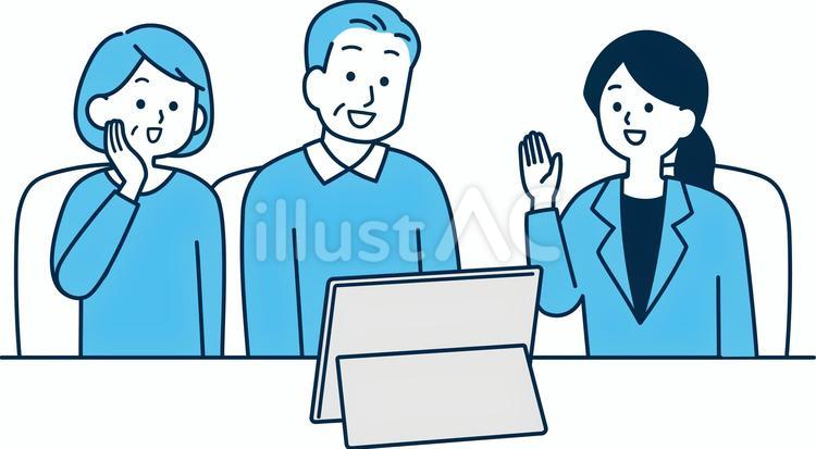 相談するシニア夫婦　案内する男性スタッフ 女性,笑顔,人物のイラスト素材