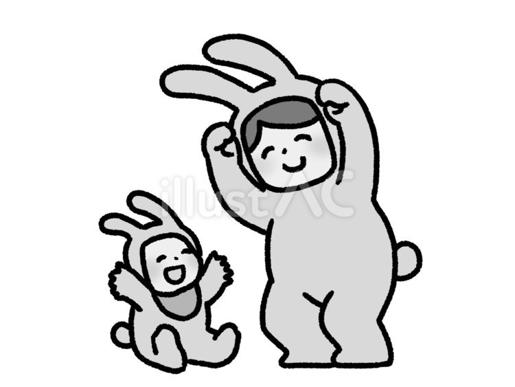 うさぎのおやこ【グレースケール】 うさぎ,着ぐるみ,親子のイラスト素材