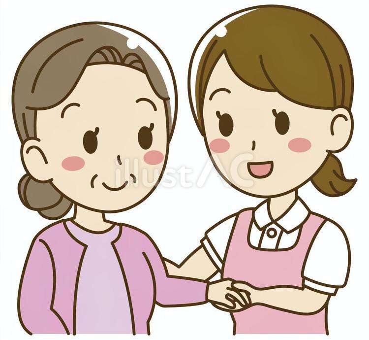 女性高齢者の手を引いて介護する女性介護士 介護士,介護,手のイラスト素材