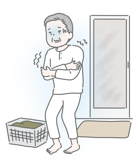 寒い脱衣所で震える高齢男性 ヒートショック,高齢者,男性,脱衣所,寒い,震える,血圧上昇,寒気,冬,危険のイラスト素材