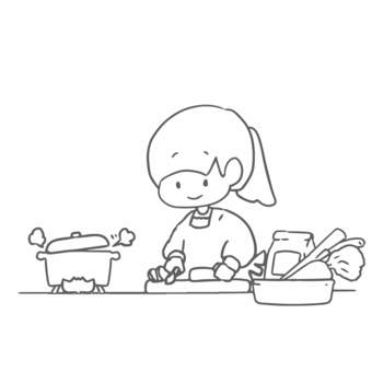 料理を作る女の子（線画） 女の子,女性,割烹着,エプロン,料理,クッキング,キッチン,食事準備,調理,手料理のイラスト素材