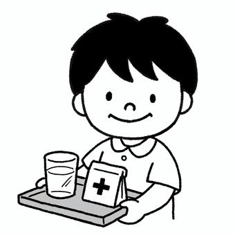 薬を運ぶ男の子 子供,男の子,少年,幼児,児童,小学生,患者,薬,内服薬,コップのイラスト素材
