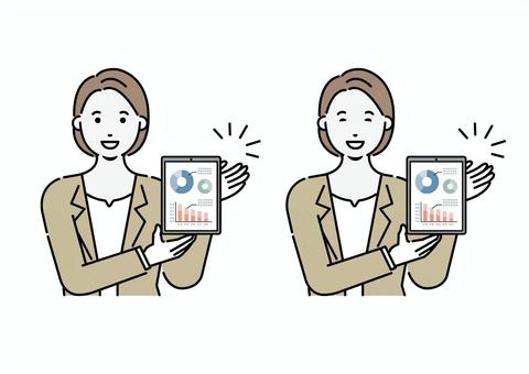 タブレットを見せるビジネスウーマン 仕事,ビジネス,女性,ビジネスウーマン,タブレット,スーツ,サラリーマン,ビジネスマン,手書き,正面のイラスト素材