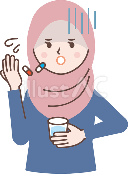 冷や汗をかきながら薬を飲む外国人女性