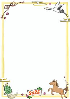 手描き絵の年賀フレーム2026A4タテ黄 お正月,年賀,フレーム,枠,背景,午,馬,2026,鶴,亀のイラスト素材