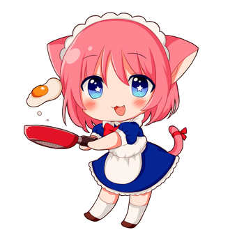 料理をするネコのメイドさん フライパン,料理,目玉焼き,猫,ねこ,ネコ,ピンク,メイド,女性,女の子のイラスト素材
