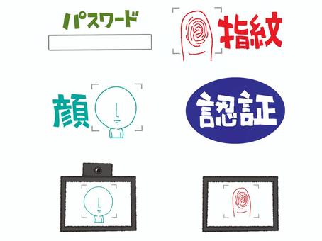 認証など 認証,パスワード,指紋,顔,文字絵,方法,種類,セット,pop調,手描きのイラスト素材