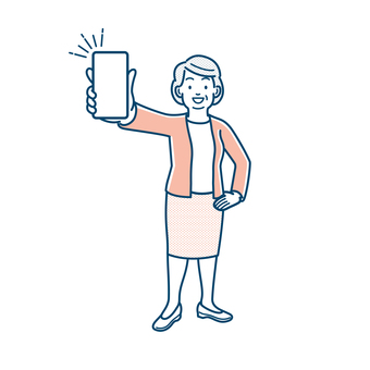 スマホで見せる年配の女性 年配,女性,スマートフォン,自慢,見せる,笑顔,全身,若い,シニア,おばさんのイラスト素材
