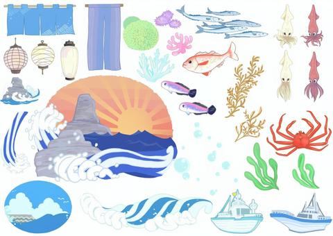 海と波と和風素材 海,波,漁船,魚,イカ,海藻,サンゴ,泡,提灯,のれんのイラスト素材