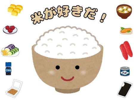 米とごはんのお供 米,おかず,卵焼き,海苔,納豆,味噌汁,ポストカード,明太子,漬物のイラスト素材