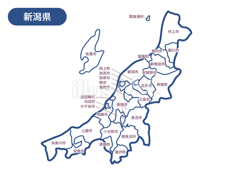 新潟県の地図の線画（市町村名つき） 地図,線画,地域のイラスト素材