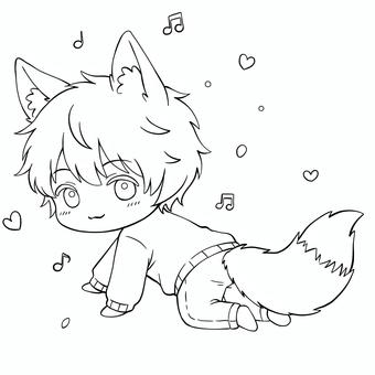 はいはい 獣人,獣耳,尻尾,塗り絵,線画,人物,のほほん,ふわふわ,デフォルメ,可愛いのイラスト素材