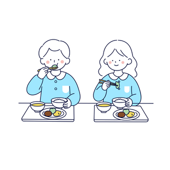 園児が仲良く給食を食べるイラスト 人物,幼児,子ども,幼稚園,保育園,給食,食事,ごはん,お箸,スプーンのイラスト素材