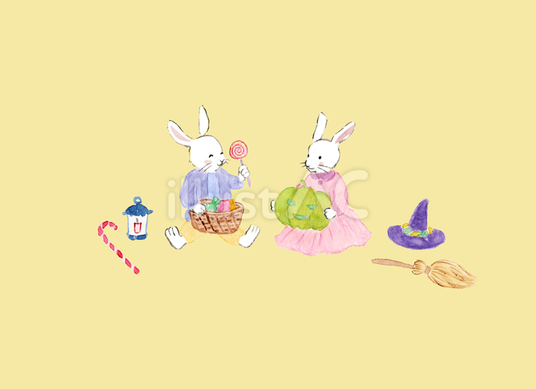 うさぎさんのハロウィン準備　背景黄色 うさぎ,ハロウィン,準備のイラスト素材