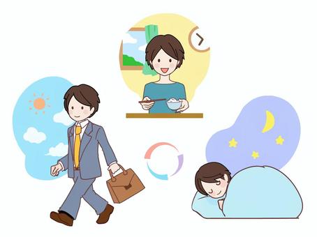 規則正しい生活をおくるサラリーマンの男性 健康習慣,健康管理,生活習慣,男性,サラリーマン,食事,睡眠,運動,生活リズム,バランスのイラスト素材