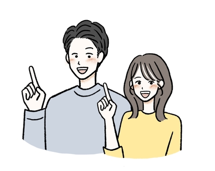 笑顔で指で指す男性と女性 笑顔,笑う,指,指す,指差し,男性,女性,男女,ニコニコ,にっこりのイラスト素材