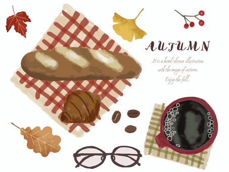 秋のカフェ 秋,カフェ,コーヒー,パン,紅葉,銀杏,カエデ,チェック柄,メガネ,クロワッサンのイラスト素材