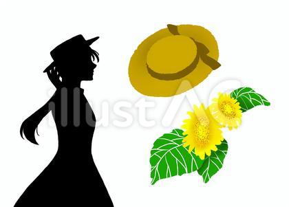 カンカン帽を被った女性とひまわりの花