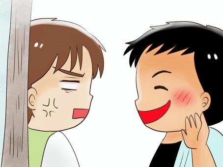 笑顔で挨拶する男性に怒る人物 男性,女性,怒る,笑顔,挨拶のイラスト素材