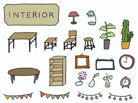 インテリア家具　手書き インテリア,家具,テーブル,椅子,棚,部屋,手書き,ゆるイラストのイラスト素材