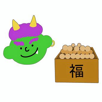 笑顔が可愛い緑鬼と福豆 節分,豆まき,鬼,顔,豆,福豆,大豆,升,2月,2月3日のイラスト素材