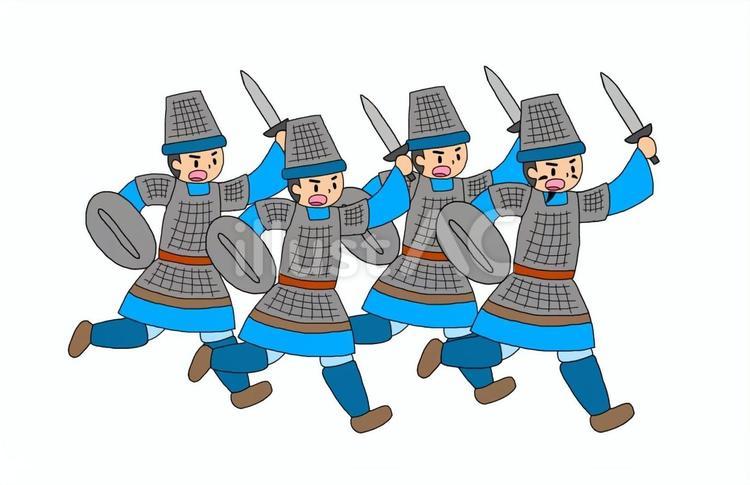攻める古代中国風歩兵部隊 戦士,兵士,闘士のイラスト素材