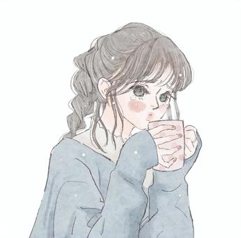 マグカップを持つ泣く女の子 女性,女の子,可愛い,泣く,マグカップ,泣き顔,涙,イラスト,ブルーのイラスト素材