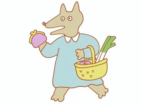 買い物をする犬さん 買い物,ショッピング,おつかい,カゴ,ネギ,野菜,リンゴ,アップル,財布,がま口のイラスト素材