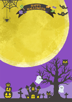 イラスト背景：ハロウィン森と洋館_A4縦 ハロウィン,背景,フレーム,手書き,ジャックオーランタン,a4,縦,カット,デフォルメ,テキストエリアのイラスト素材