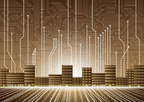 デジタルテクノロジーとゴールドの都市 デジタル,サイバー,テクノロジー,電子回路,都市,ビル,オフィス,スタイリッシュ,ゴールド,背景のイラスト素材