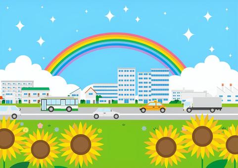 虹の架かる夏の街のイラスト風景素材 虹の架かる夏の街のイラスト風景素材 夏,向日葵,街のイラスト素材