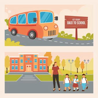 バック・トゥ・スクールのセット（横長イラスト） バック・トゥ・スクール,新学期,夏,半袖,小学生,学生,学校,スクールバス,乗物,バスのイラスト素材