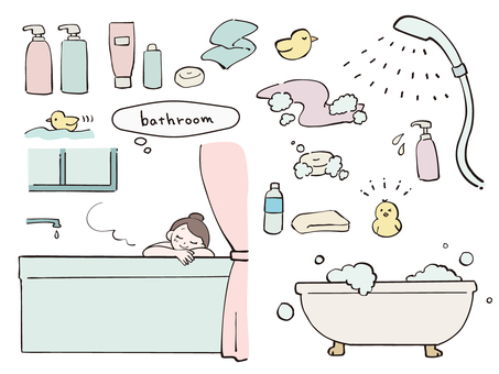 お風呂のカットイラスト・カラー お風呂,バスルーム,入浴,暮らし,シャンプー,シャワー,バスタブ,浴槽,リラックス,トリートメントのイラスト素材