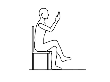 やや猫背で足を組みスマホを見る人 座位,猫背,足組み,スマホ,横向き,線画,白黒のイラスト素材