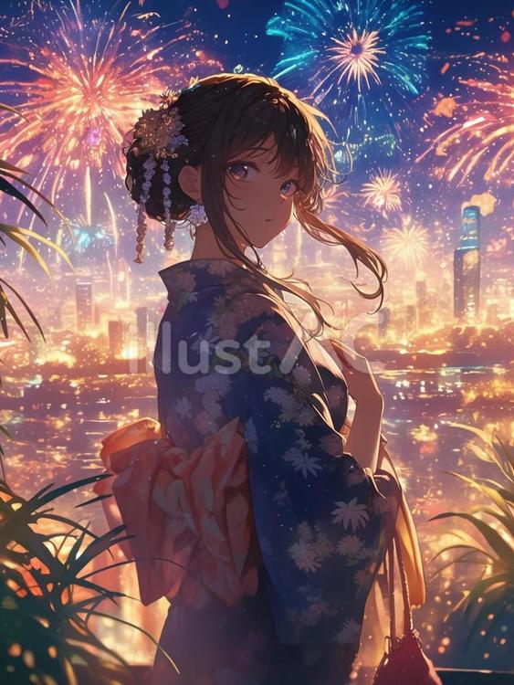 浴衣姿の女の子　振り向き 浴衣,女の子,夏のイラスト素材