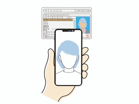 スマホと運転免許証で本人確認と読み取り 顔認証,スマートフォン,スマホ,運転免許証,本人確認,身分証明書,デジタル,認証,生体認証,オンラインのイラスト素材