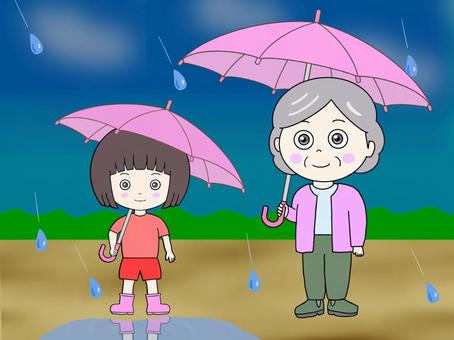 雨の日（おばあさんと孫） 雨,梅雨,傘,長靴,水たまり,女性,おばあさん,女の子,子供のイラスト素材