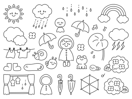 梅雨の手描きのイラストセット 画線、黒 梅雨,あじさい,雨,傘,子供,人物,手描き,おしゃれ,かわいい,アイコンのイラスト素材