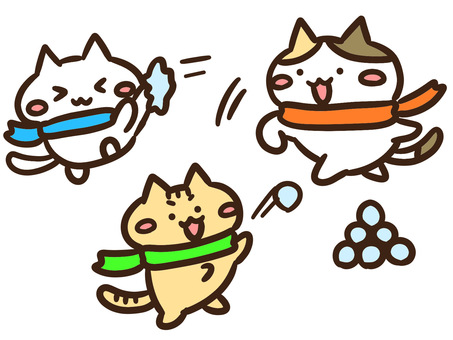 冬に雪合戦をして遊ぶかわいいねこ3匹 雪合戦,ねこ,雪,遊ぶ,冬,3匹,子供,かわいい,休み時間,冬休みのイラスト素材