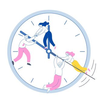 時間に追われ奮闘するビジネスチーム 人物,男女,ビジネス,仲間,チーム,時間,リミット,時計,針,焦りのイラスト素材