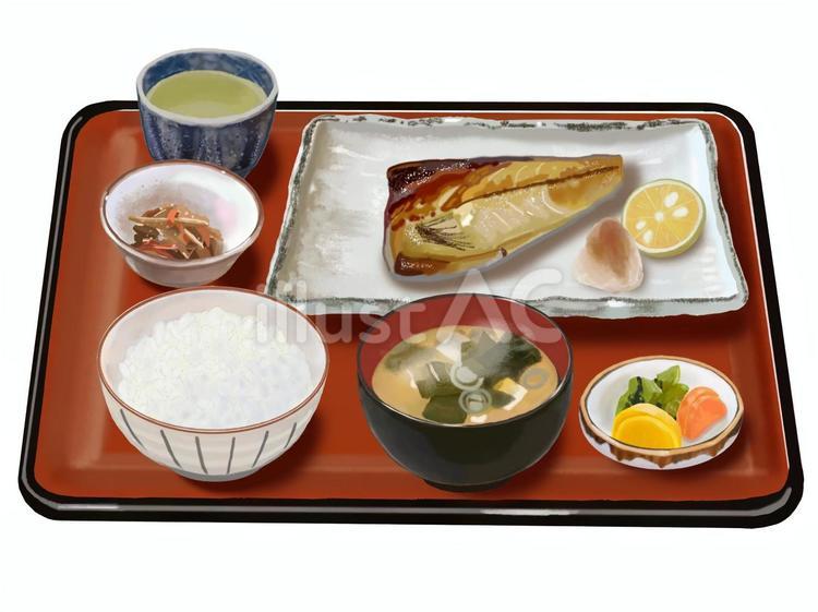 鯖の塩焼き定食（朱色お盆付き） 鯖,サバ,塩焼きのイラスト素材