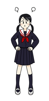 腰に手を当てて怒ってる学生 人物,怒る,学生,セーラー服,全身,リボン,制服,萌え系,可愛い,アニメ調のイラスト素材