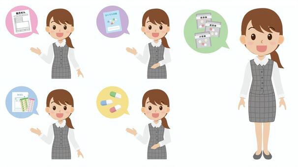 医療事務の女性と案内するふきだし 医療事務,案内,女性,処方せん,受付,お薬,調剤,ふきだし,お薬手帳,薬局のイラスト素材