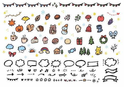 秋から冬にかけてのかわいい素材とあしらい 秋,冬,季節,紅葉,銀杏,葉っぱ,どんぐり,栗,林檎,ぶどうのイラスト素材
