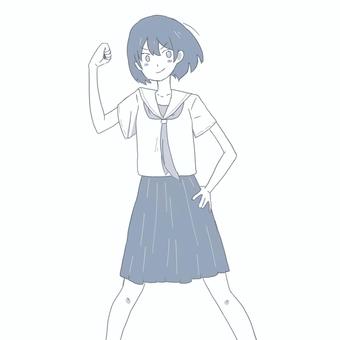 力強いポーズの女子学生 女性,制服,高校生,やる気,気合,ガッツポーズ,漫画のイラスト素材