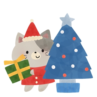 クリスマスツリーと猫 クリスマス,ツリー,猫,サンタ,帽子,服,動物,プレゼント,冬,青のイラスト素材